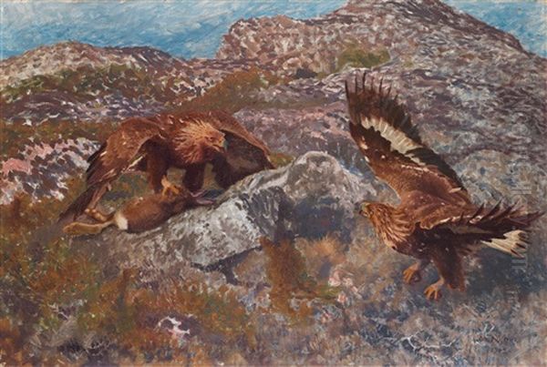 Golden Eagles Attacking A Hare Oil Painting by Bruno Andreas Liljefors