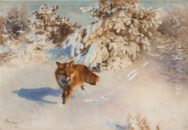 Winter Landscape With Fox Oil Painting by Bruno Andreas Liljefors