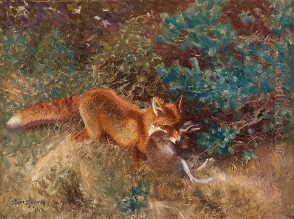 Fox With Prey Oil Painting by Bruno Andreas Liljefors