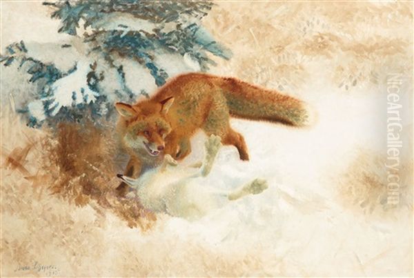 Fox With Hare Oil Painting by Bruno Andreas Liljefors
