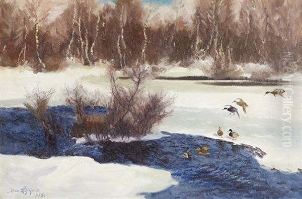 Grasander Vid Fruset Vattendrag Oil Painting by Bruno Andreas Liljefors