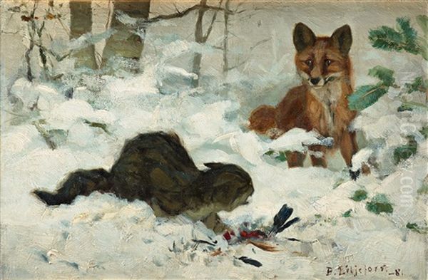 Hunting Cat Surprised By A Fox Oil Painting by Bruno Andreas Liljefors