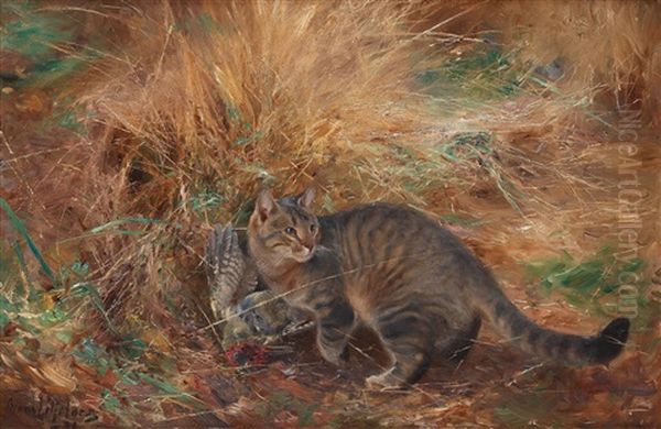 Cat With European Green Woodpecker Oil Painting by Bruno Andreas Liljefors