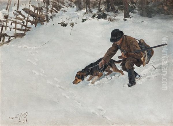 Hunter With Dog Oil Painting by Bruno Andreas Liljefors