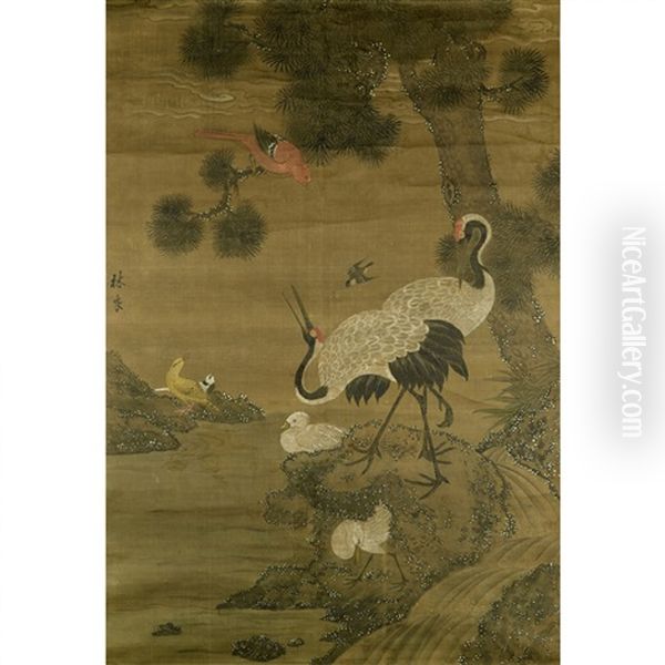 Birds And Flowers Oil Painting by Lin Liang