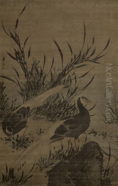 Two Silver Pheasants By Orchids Oil Painting by Lin Liang