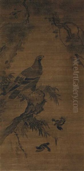 Ein Falke Auf Einem Felsen, An Dem Bambus Wachst, Unter Einem Kiefernzweig Oil Painting by Lin Liang