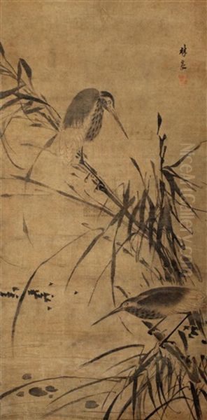 Bird And Reed Oil Painting by Lin Liang