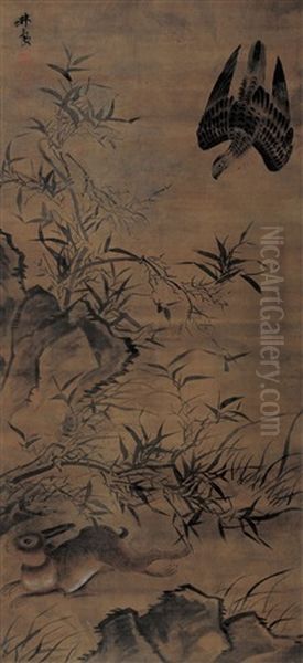 Eagle And Bamboo Oil Painting by Lin Liang