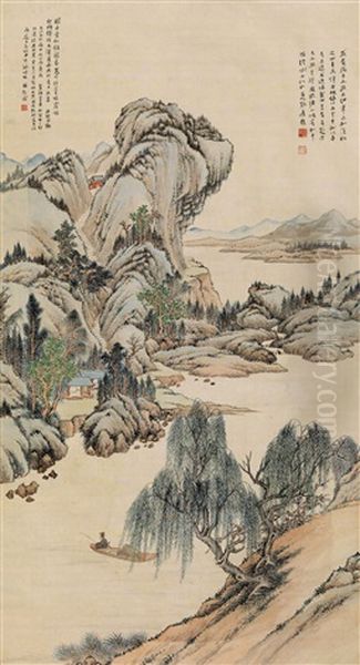 Fishing On Spring River Oil Painting by Lin Shu