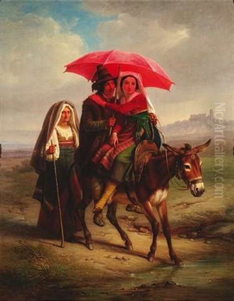Auf Einem Esel Reitet Ein Junges Italienisches Paar Durch Eine Campagnalandschaft, Eine Alte Frau In Tracht Begleitet Sie Oil Painting by Dietrich Wilhelm Lindau