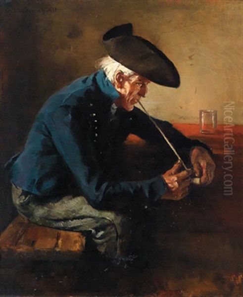 Ein Mann Seine Tonpfeife Anzundend Oil Painting by Hermann Lindenschmit