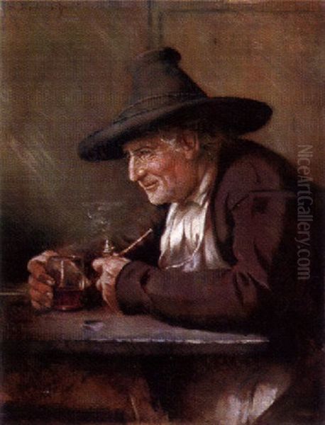Alter Zechter Besinnlich Am Tisch Vor Einem Bierglas Sitzend Oil Painting by Hermann Lindenschmit