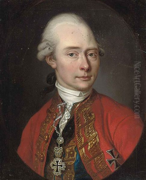 Portrait Of A Gentleman In Red Coat And Blue Waistcoat, Wearing Decorations Oil Painting by Franz Linder