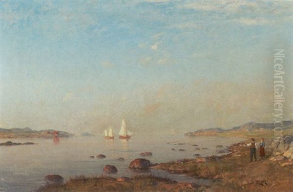Skaegardsstemning Med Bade Pa Vandet Og Born Pa Stranden Oil Painting by Berndt Adolf Lindholm