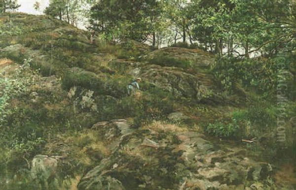 Marjanpoimijoita Metsakallioilla Oil Painting by Berndt Adolf Lindholm