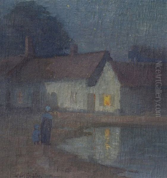 Nocturnal Scene With Mother And Child Near A Village Pond Oil Painting by Carl Olaf Eric Lindin