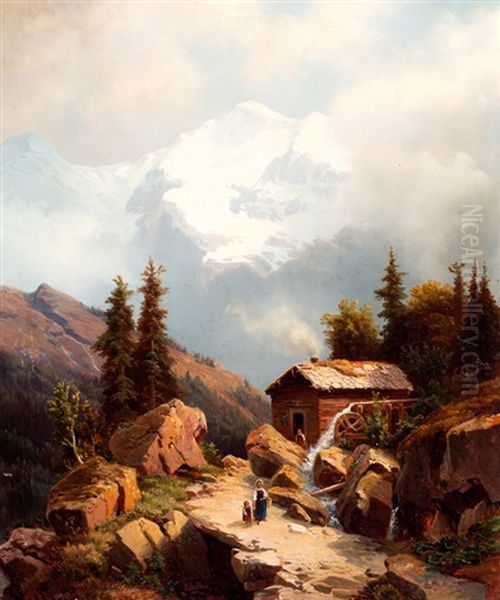 Zwitsers Berglandschap Met Jungfrau; Op De Voorgrond Een Watermolen Oil Painting by Johann Wilhelm Lindlar