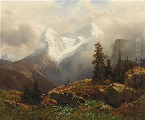 Bergmassiv Mit Wanderern Oil Painting by Johann Wilhelm Lindlar