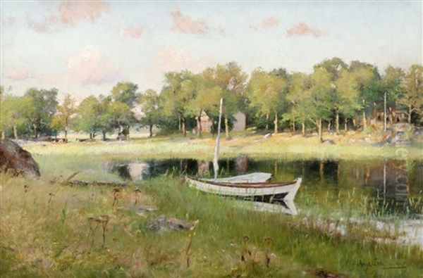 Flodlandskap I Aftonsol Oil Painting by Axel Lindman