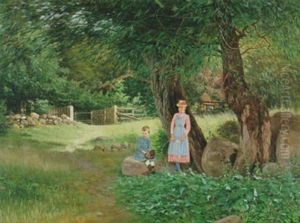 Flickor I Sommarlandskap Oil Painting by Axel Hjalmar Lindqvist