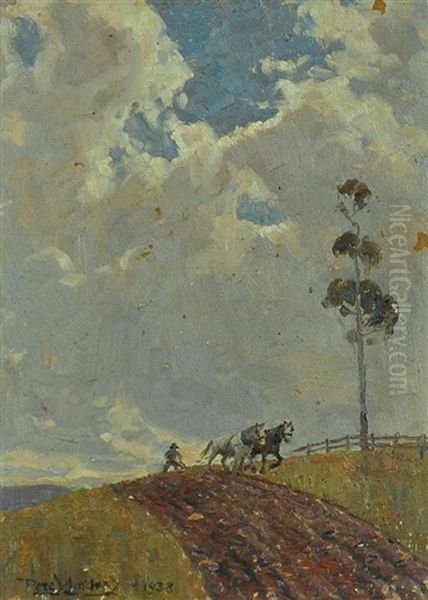 Ploughing A Hillside Oil Painting by Perceval Charles (Percy) Lindsay
