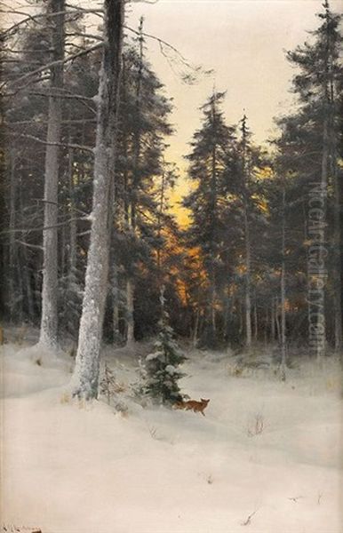 Rav I Vinterlandskap Oil Painting by Arvid Mauritz Lindstroem