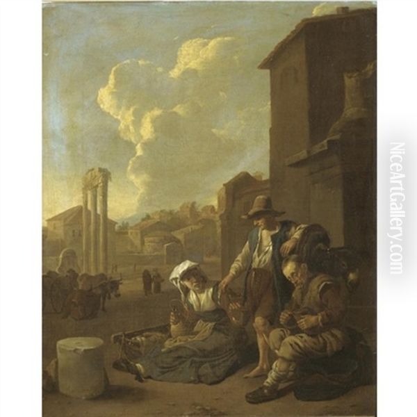 A Roman Street Scene, With A Peasant Family Eating And Drinking, The Campo Vaccino Beyond Oil Painting by Johannes Lingelbach