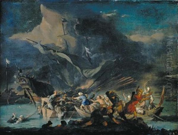A Sea Battle Between Turks And Europeans, (the Battle Of Lepanto?) Oil Painting by Johannes Lingelbach