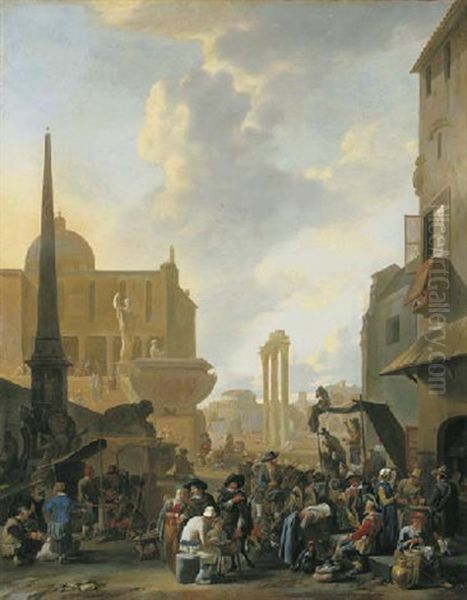 A Capriccio Of Rome With A Market And A View Of The Campo Vaccino Oil Painting by Johannes Lingelbach