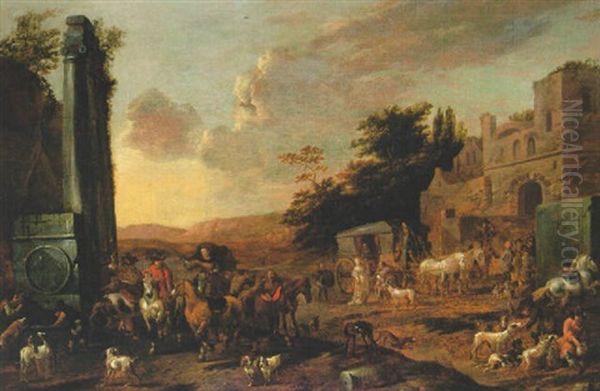 Travellers Arriving In A Village With Figures By Classical Ruins Oil Painting by Johannes Lingelbach