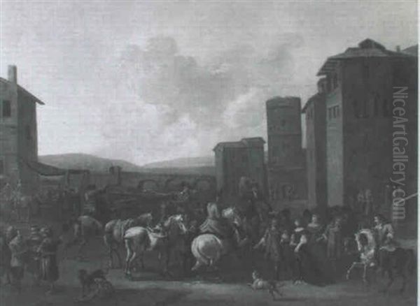 Reitergruppe Vor Hohen Gebauden Und Einer Brucke Im         Mittelgrund Oil Painting by Johannes Lingelbach