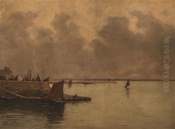 Puerto De Honfleur Y Pescadores Oil Painting by Henri Linguet