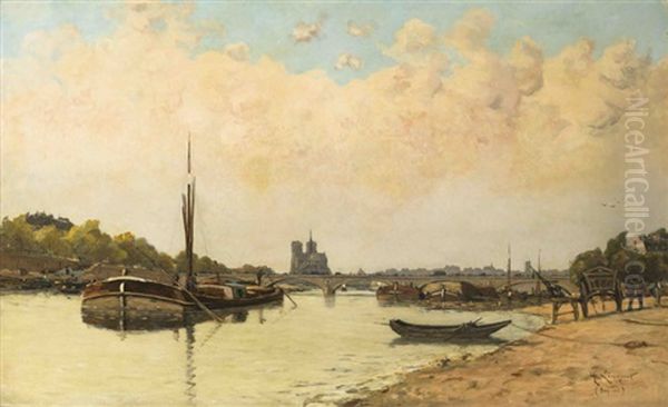 Vue Sur Notre Dame Depuis Le Quai De Bercy Oil Painting by Henri Linguet