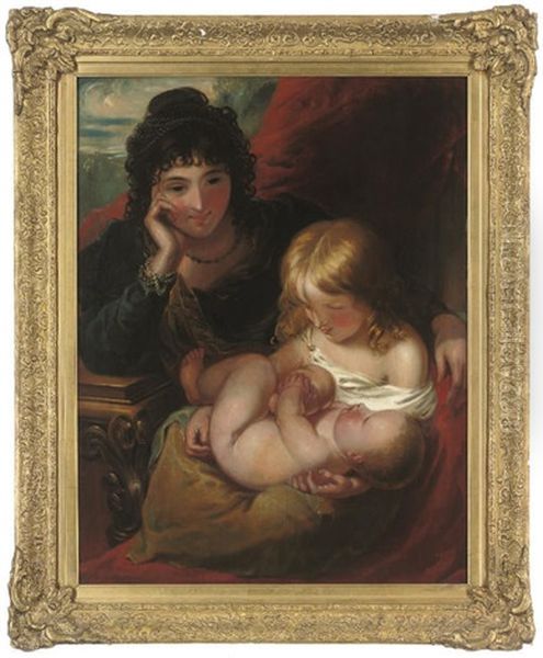 A Mother And Her Children Seated In An Interior, A Landscape Beyond Oil Painting by John Linnell