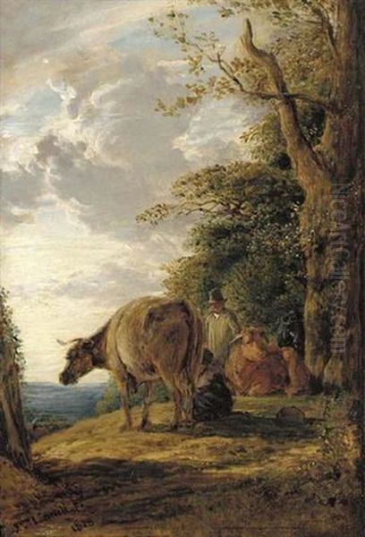 A Wooded Landscape With Herdsmen And Cattle Oil Painting by John Linnell