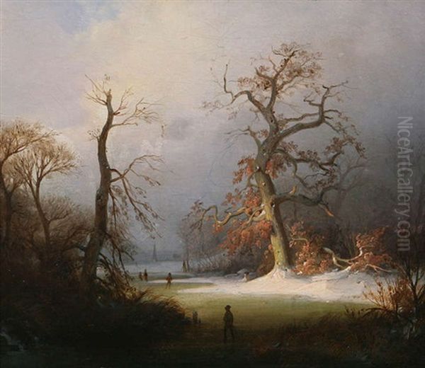 Paysage En Hiver Anime De Patineurs A Glace Oil Painting by Willem Linnig the Elder