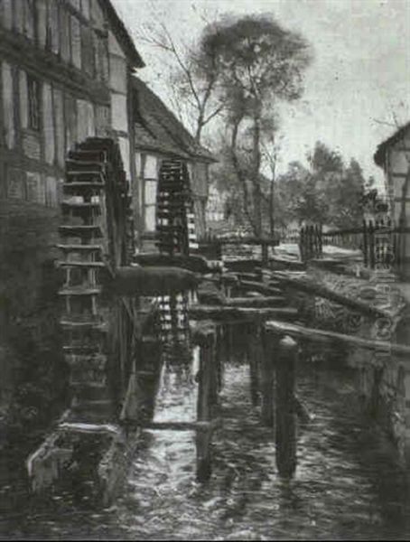 Wassermuhle Im Hessischen. Fr_hjahrsstimmung Oil Painting by Adolf Lins
