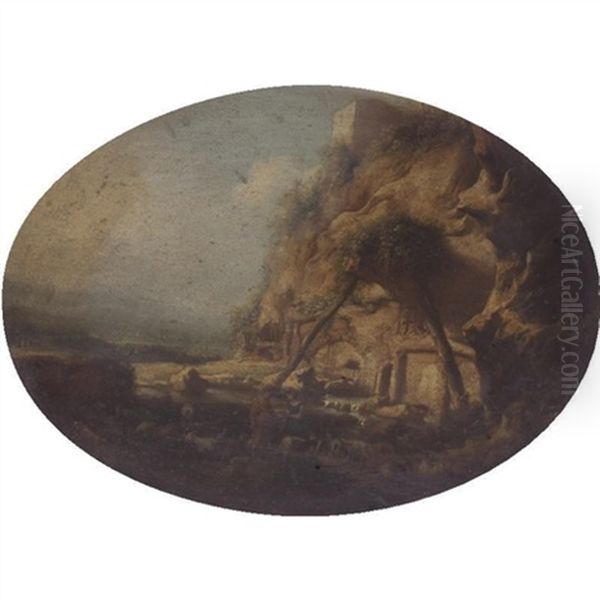 An Italianate River Landscape With A Shepherd Giving A Maid A Posy Of Flowers Oil Painting by Jan (Hermafrodito) Linsen