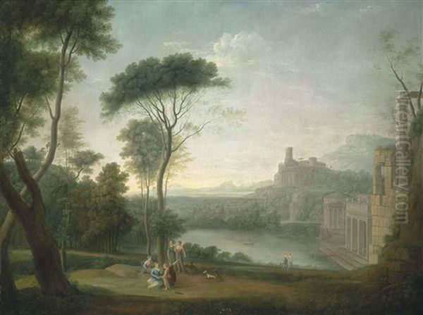 An Extensive Italianate Wooded Landscape, With Classical Buildings By A River, The Nymph Egeria Mourning Over Numa In The Foreground Oil Painting by Hendrick Frans van Lint