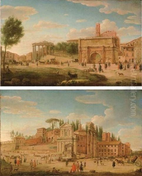 Roma, Veduta Del Foro Romano (+ Roma, Veduta Del Foro Boario Verso S. Maria Liberatrice; 2 Works) Oil Painting by Hendrick Frans van Lint