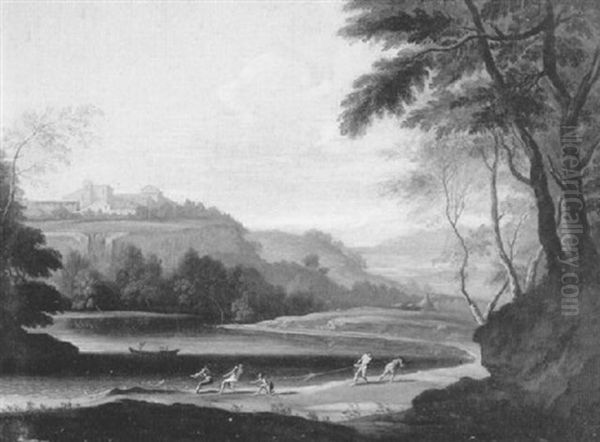 An Italianate River Landscape With Fishermen Oil Painting by Hendrick Frans van Lint