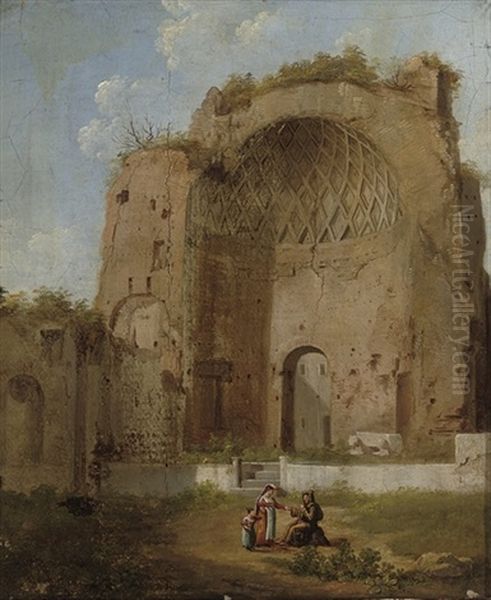 A Roman Ruin With A Woman And Child Oil Painting by Jacob van Lint