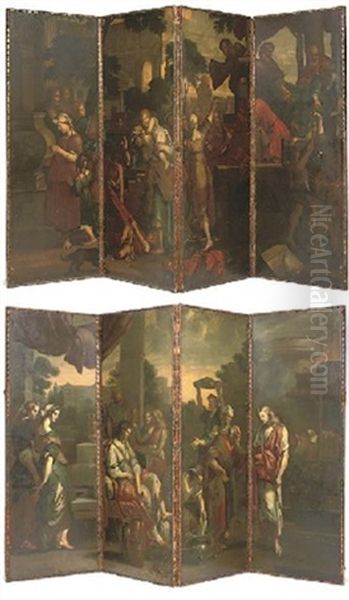 The Charity Of Saint Laurence (+ A Woman Having Her Feet Washed Amongst Other Figures By Classical Building; 2 Works Mounted As Two Four-fold Screens) Oil Painting by Peter Van Lint