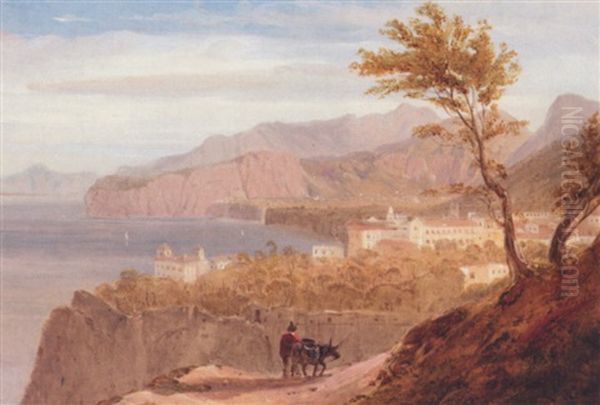 A Traveller With His Donkey, On A Mediterranean Coastline Oil Painting by William Linton