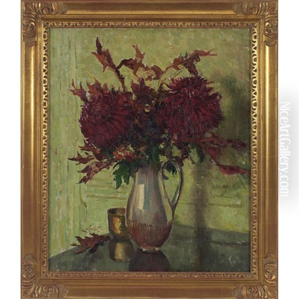 Dark Red Chrysanthemums Oil Painting by Edward Barnard Lintott