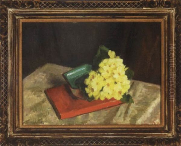 Yellow Primroses And Red Book Oil Painting by Edward Barnard Lintott