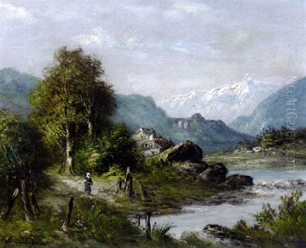 Promeneurs Au Bord De La Riviere Sur Un Sentier De Montagne Oil Painting by Alexander Louis Lion