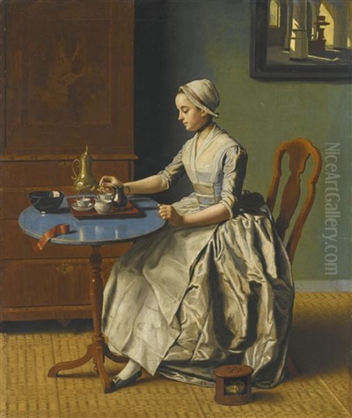 A Dutch Girl At Breakfast Oil Painting by Etienne Liotard