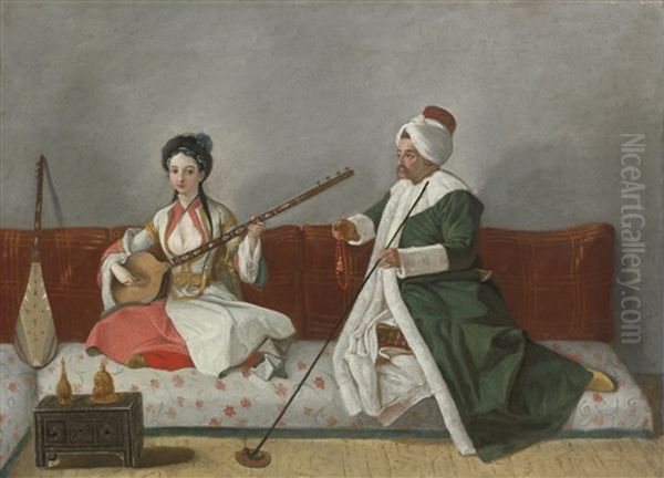 Portrait Of Helene Glavany And Mr. Levett Seated On A Divan Oil Painting by Etienne Liotard